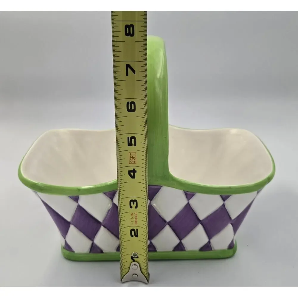 Teleflora Purple White Diamond Checkered Ceramic Basket Planter Green Handle